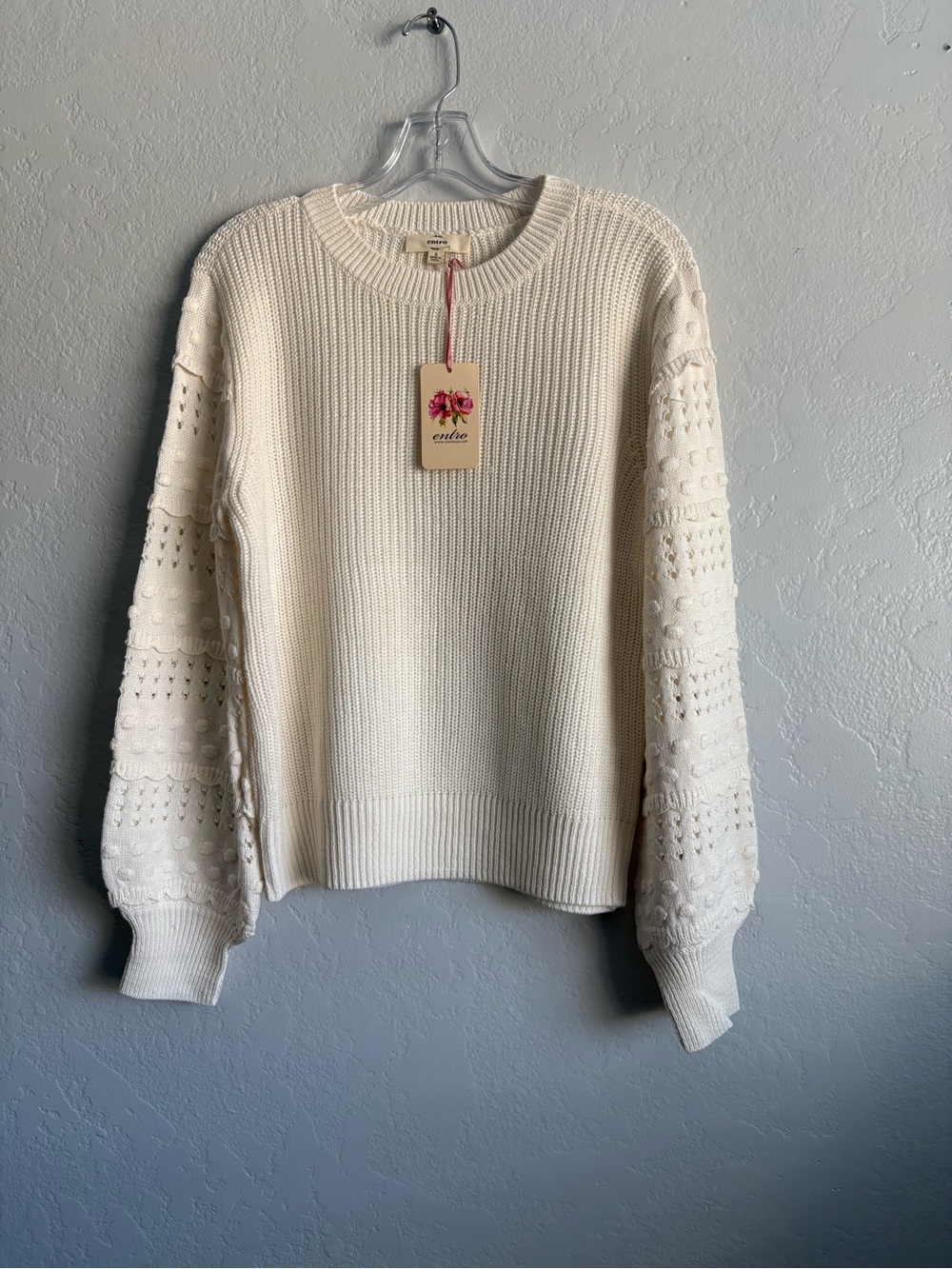 ❤️ NEW entro Cream Knit Crewneck Sweater with Textured Balloon Sleeves